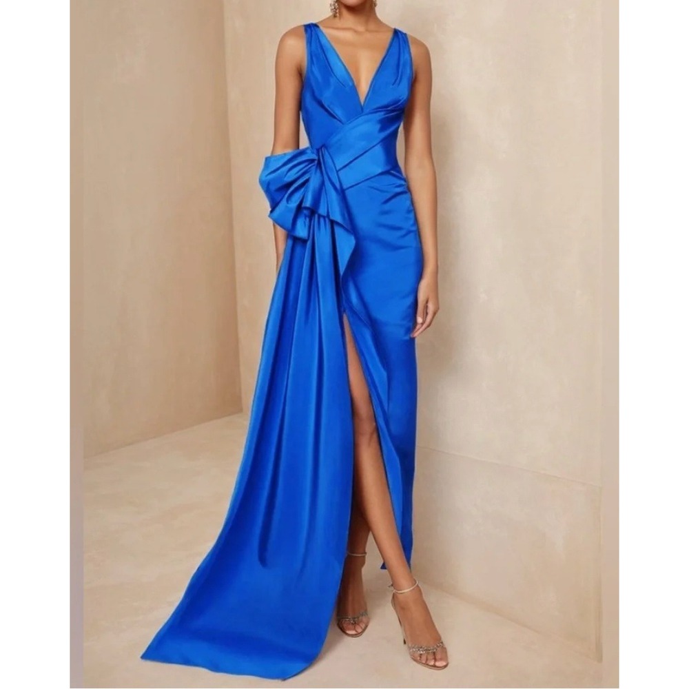FEHAUTE Maxi Dress Blue Side Bow V-Neck Gown Women's Size 12 NEW Formal Dress